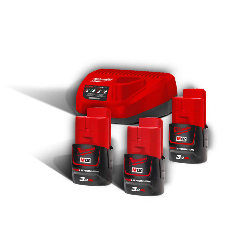 Купити Енергокомплект Li-Ion MILWAUKEE, M12 NRG-303 (зарядний.пристрій С12 С, 3 акумумулятори М12 В3 3Аг, картонне пакуванння). Офіційний магазин Мілвокі Україна, фірмова гарантія з доставкою по Украіні