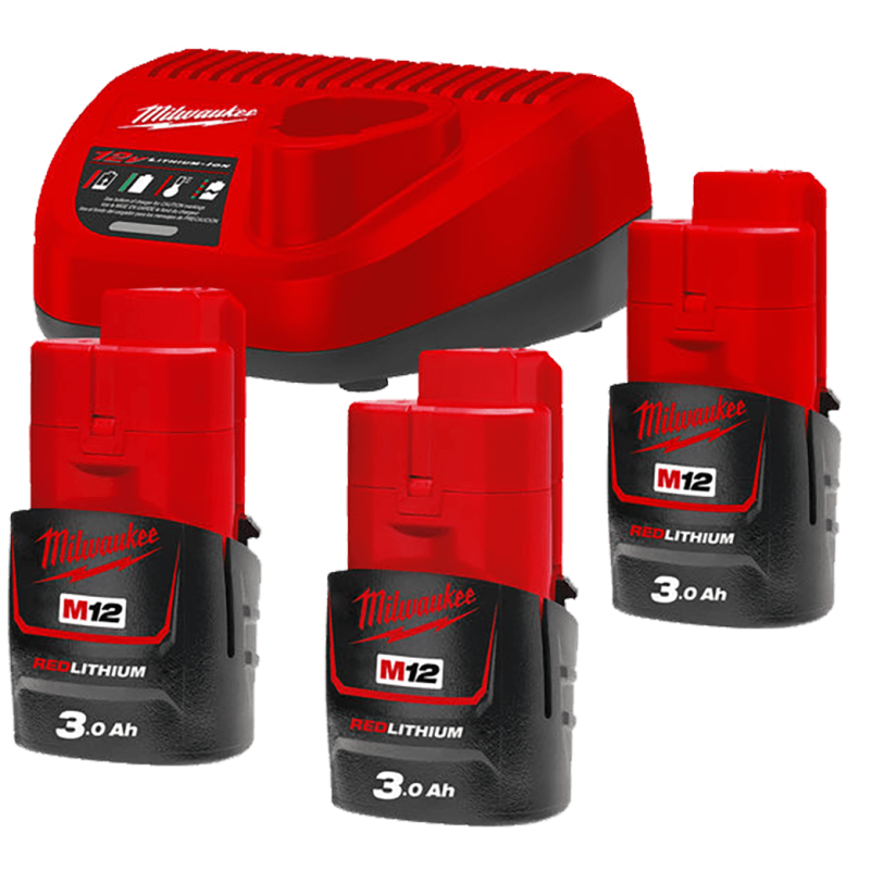 Купити Енергокомплект Li-Ion MILWAUKEE, M12 NRG-303 (зарядний.пристрій С12 С, 3 акумумулятори М12 В3 3Аг, картонне пакуванння). Офіційний магазин Мілвокі Україна, фірмова гарантія з доставкою по Украіні