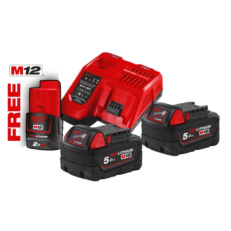 Купити Енергокомплект Li-Ion MILWAUKEE, M18 NRG-502 (зарядний пристрій M12-18 FC, 2 акумулятори М18 В5 5Аг) + подарунок акумулятор M12 B2 2Аг. Офіційний магазин Мілвокі Україна, фірмова гарантія з доставкою по Украіні