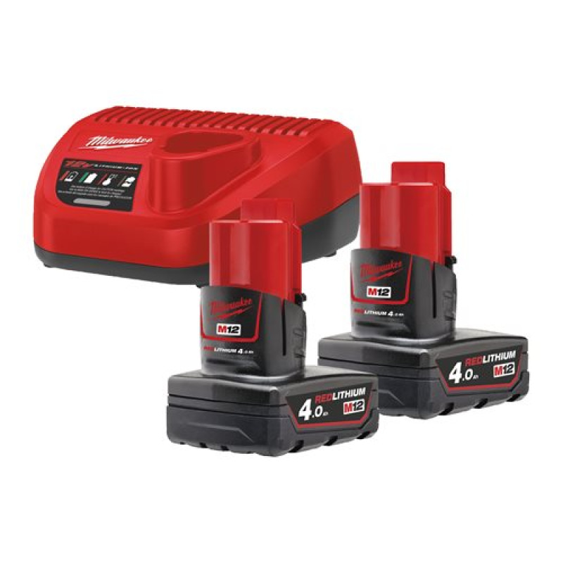 Купити Енергокомплект Li-Ion MILWAUKEE, M12 NRG-402 (зарядний.пристрій С12 С, 2 акумулятори М12 В4 4Аг, картонне пакуванння). Офіційний магазин Мілвокі Україна, фірмова гарантія з доставкою по Украіні