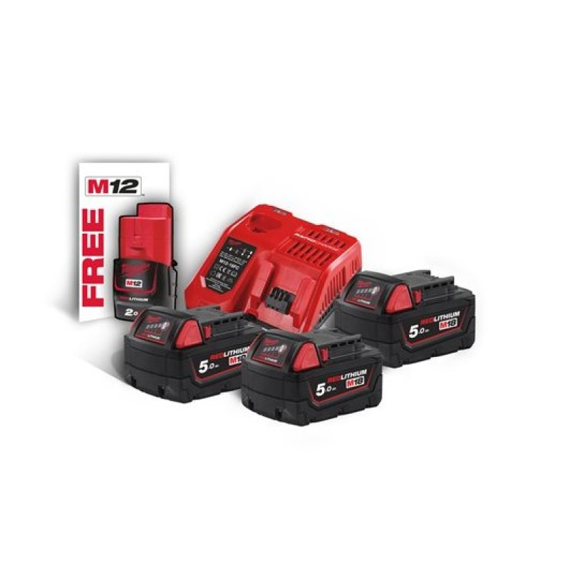 Купити Енергокомплект Li-Ion MILWAUKEE, M18 NRG-503 (зарядний пристрій M12-18FC, 3 акумулятори M18 В5 5Аг) + подарунок акумулятор M12 B2 2Ач. Офіційний магазин Мілвокі Україна, фірмова гарантія з доставкою по Украіні