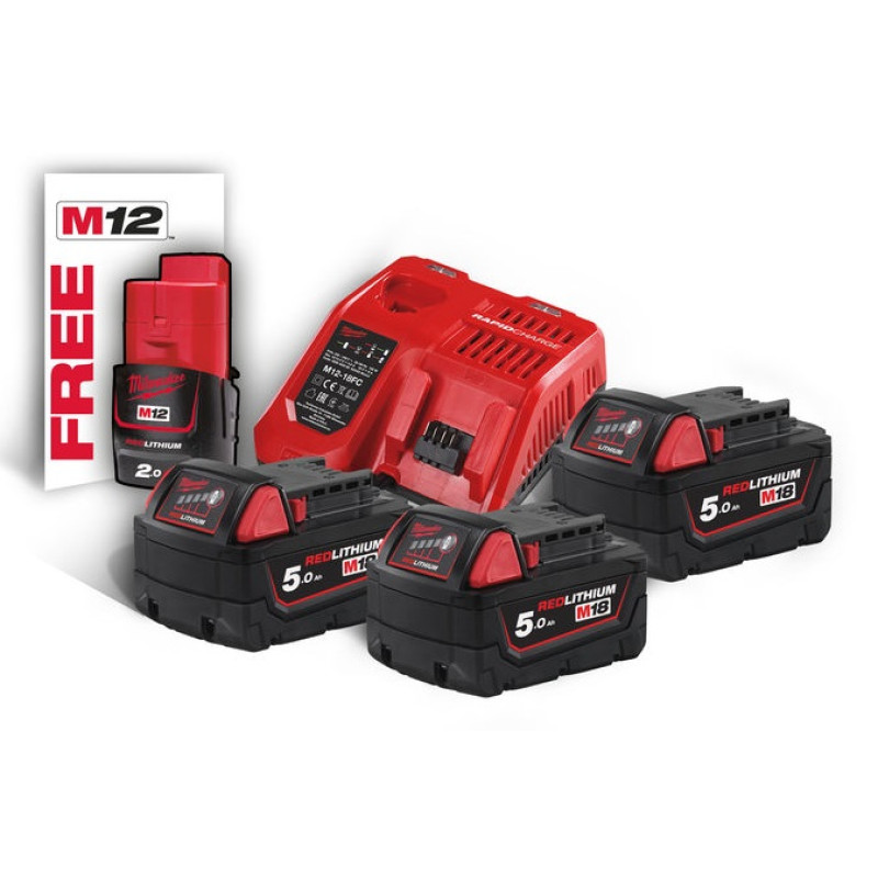 Купити Енергокомплект Li-Ion MILWAUKEE, M18 NRG-503 (зарядний пристрій M12-18FC, 3 акумулятори M18 В5 5Аг) + подарунок акумулятор M12 B2 2Ач. Офіційний магазин Мілвокі Україна, фірмова гарантія з доставкою по Украіні