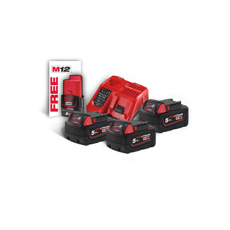 Купити Енергокомплект Li-Ion MILWAUKEE, M18 NRG-503 (зарядний пристрій M12-18FC, 3 акумулятори M18 В5 5Аг) + подарунок акумулятор M12 B2 2Ач. Офіційний магазин Мілвокі Україна, фірмова гарантія з доставкою по Украіні