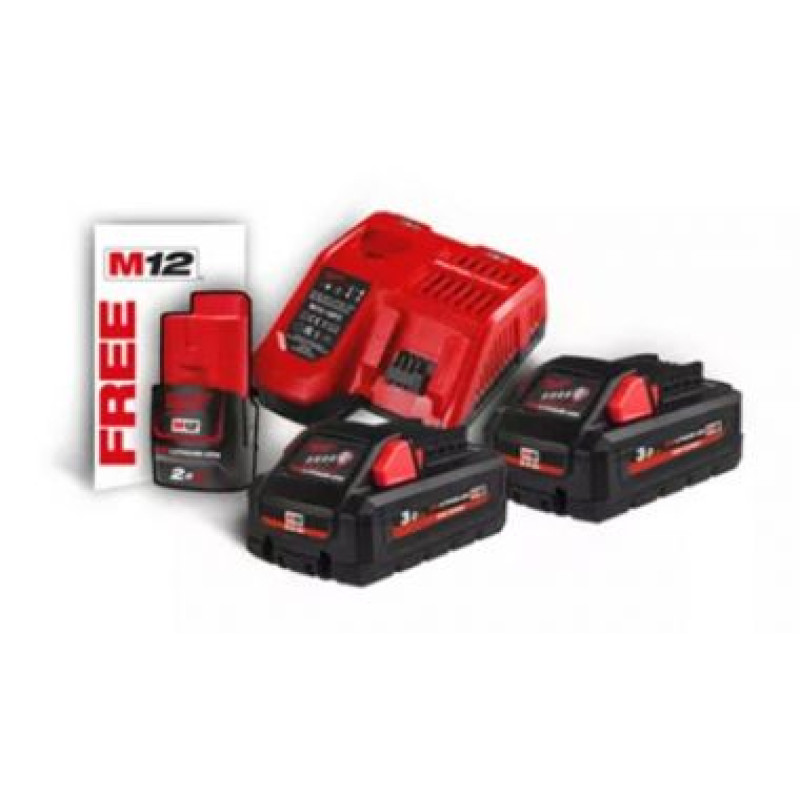 Купити Енергокомплект Li-Ion MILWAUKEE, M18 HNRG-302 (зарядний пристрій M12-18FC, 2 акумулятори М18 HВ3 3Аг, картонне пакування) + акумулятор M12 B2 2Аг. Офіційний магазин Мілвокі Україна, фірмова гарантія з доставкою по Украіні