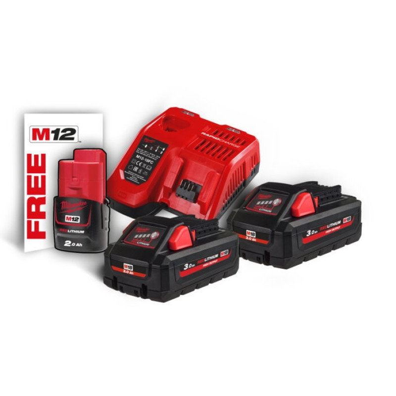 Купити Енергокомплект Li-Ion MILWAUKEE, M18 HNRG-302 (зарядний пристрій M12-18FC, 2 акумулятори М18 HВ3 3Аг, картонне пакування) + акумулятор M12 B2 2Аг. Офіційний магазин Мілвокі Україна, фірмова гарантія з доставкою по Украіні