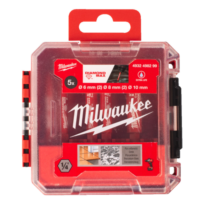 Купити Набір коронок алмазних Diamond Plus/Max MILWAUKEE, (1/4'' Hex) (діаметр 6/6/8/8/10мм) (свердління з водою) пластиковий кейс. Офіційний магазин Мілвокі Україна, фірмова гарантія з доставкою по Украіні