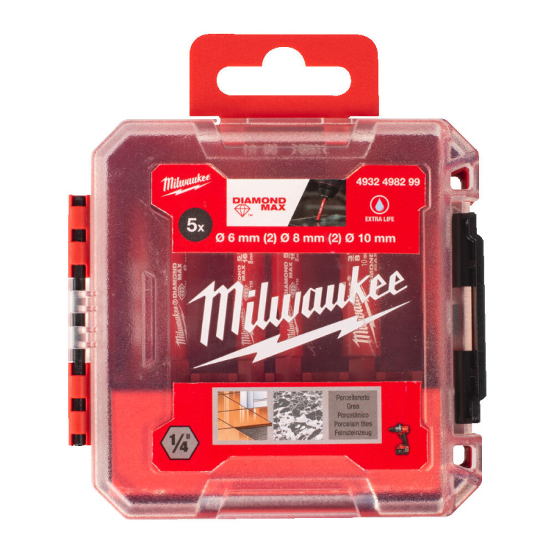 Купити Набір коронок алмазних Diamond Plus/Max MILWAUKEE, (1/4'' Hex) (діаметр 6/6/8/8/10мм) (свердління з водою) пластиковий кейс. Офіційний магазин Мілвокі Україна, фірмова гарантія з доставкою по Украіні