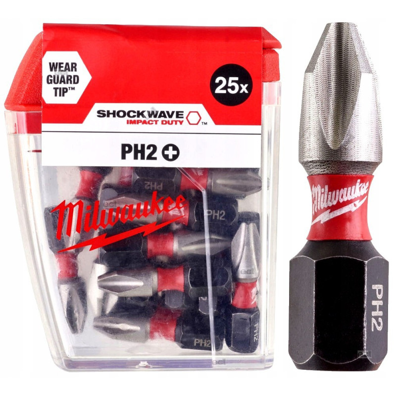 Купити Біта SHOCKWAVE MILWAUKEE, PH2, 25мм, (25шт), пластикова коробка. Офіційний магазин Мілвокі Україна, фірмова гарантія з доставкою по Украіні