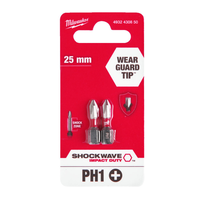 Купити Біта SHOCKWAVE MILWAUKEE, PH1, 25мм, (2шт). Офіційний магазин Мілвокі Україна, фірмова гарантія з доставкою по Украіні