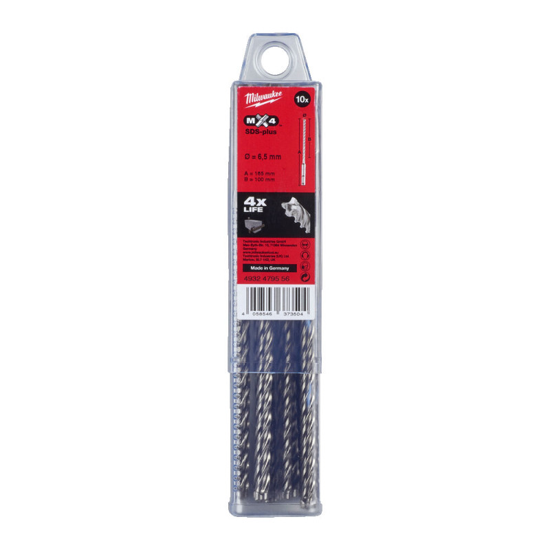 Купити Бур SDS-PLUS MX4 MILWAUKEE,діаметр 6,5х165х100мм, (10шт), пластикова коробка. Офіційний магазин Мілвокі Україна, фірмова гарантія з доставкою по Украіні