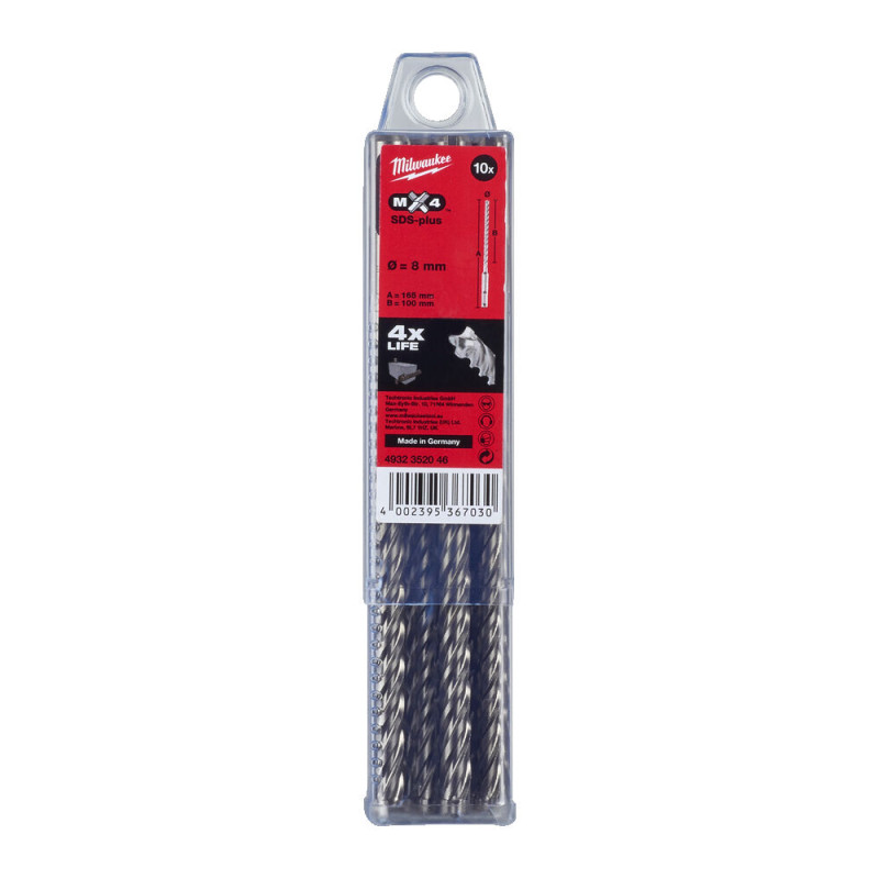 Купити Бур SDS-PLUS MX4 MILWAUKEE, діаметр 8,0х165х100мм, (10шт), пластикова коробка. Офіційний магазин Мілвокі Україна, фірмова гарантія з доставкою по Украіні