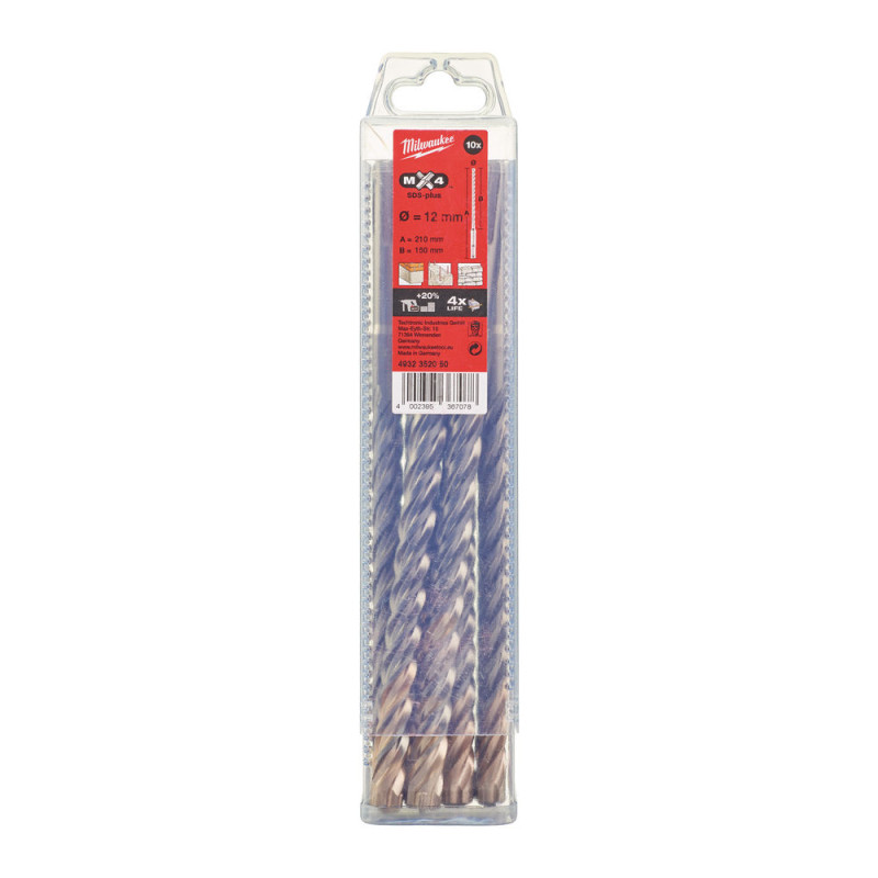 Купити Бур SDS-PLUS MX4 MILWAUKEE, діаметр 12,0х210х150мм, (10шт), пластикова коробка. Офіційний магазин Мілвокі Україна, фірмова гарантія з доставкою по Украіні