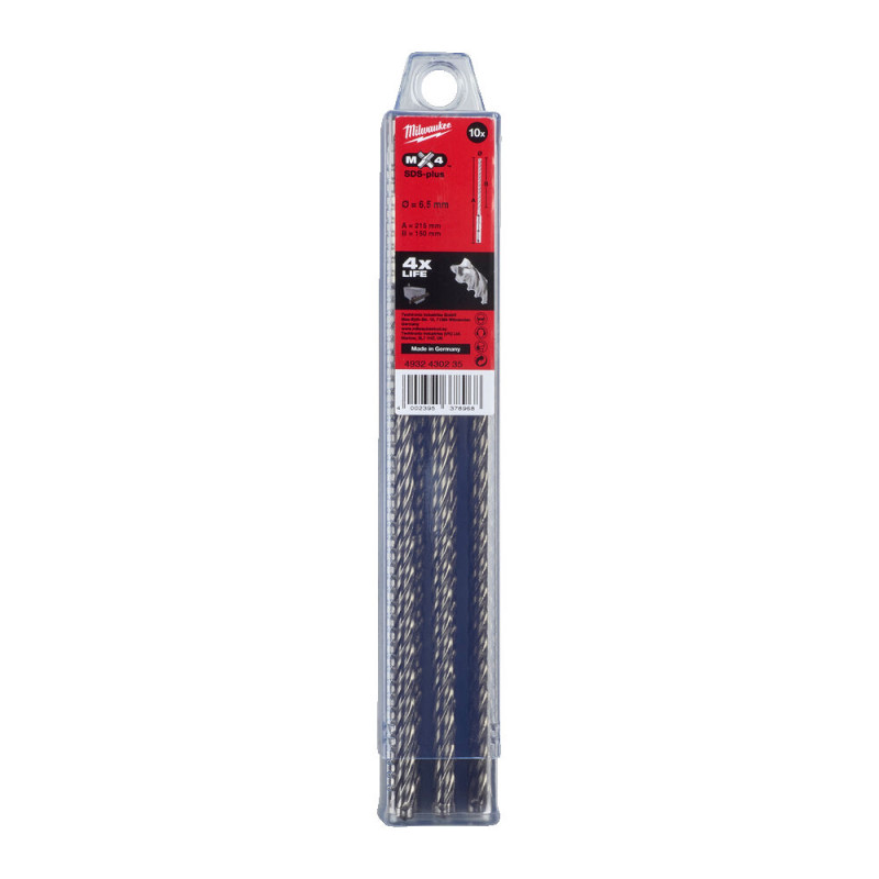 Купити Бур SDS-PLUS MX4 MILWAUKEE, діаметр 6,5х215х150мм, (10шт), пластикова коробка. Офіційний магазин Мілвокі Україна, фірмова гарантія з доставкою по Украіні