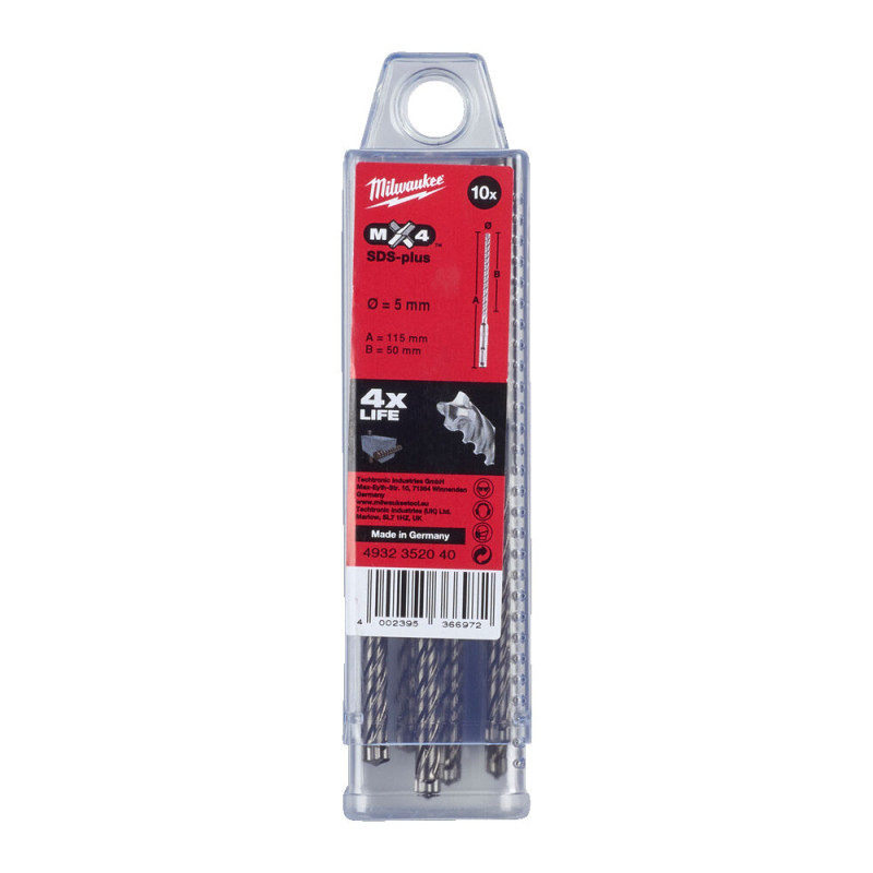 Купити Бур SDS-PLUS MX4 MILWAUKEE, діаметр 5,0х115х50мм, (10шт), пластикова коробка. Офіційний магазин Мілвокі Україна, фірмова гарантія з доставкою по Украіні