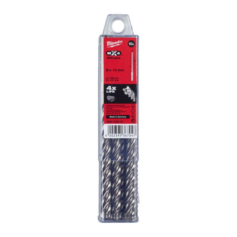 Купити Бур SDS-PLUS MX4 MILWAUKEE, діаметр 10,0х165х100мм, (10шт), пластикова коробка. Офіційний магазин Мілвокі Україна, фірмова гарантія з доставкою по Украіні