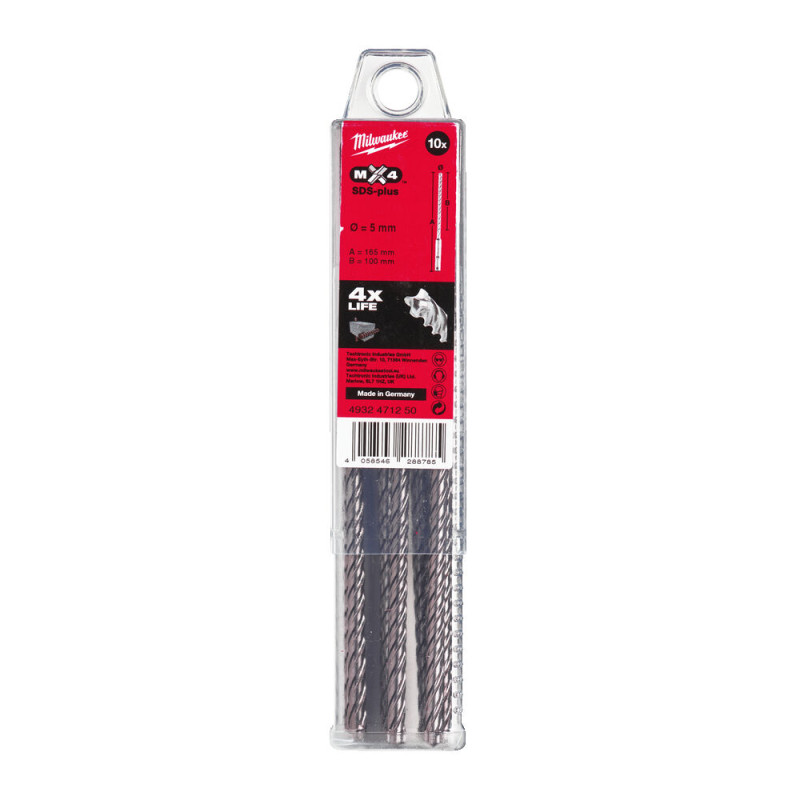 Купити Бур SDS-PLUS MX4 MILWAUKEE, діаметр 5,0х165х100мм, (10шт), пластикова коробка. Офіційний магазин Мілвокі Україна, фірмова гарантія з доставкою по Украіні