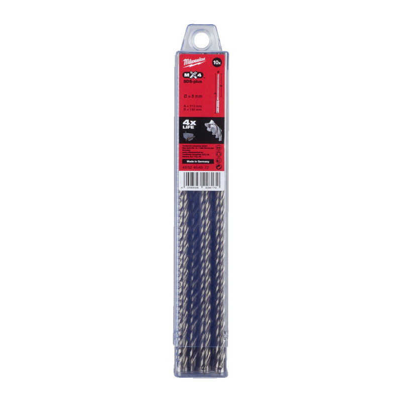 Купити Бур SDS-PLUS MX4 MILWAUKEE, діаметр 8,0х215х150мм, (10шт), пластикова коробка. Офіційний магазин Мілвокі Україна, фірмова гарантія з доставкою по Украіні