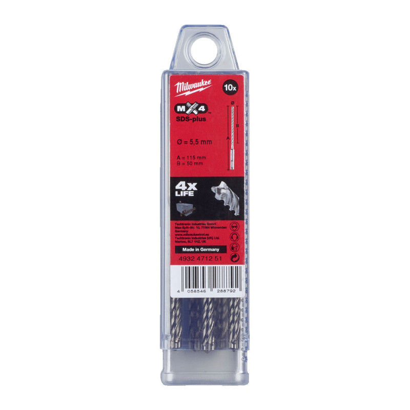 Купити Бур SDS-PLUS MX4 MILWAUKEE, діаметр 5,5х115х50мм, (10шт), пластикова коробка. Офіційний магазин Мілвокі Україна, фірмова гарантія з доставкою по Украіні