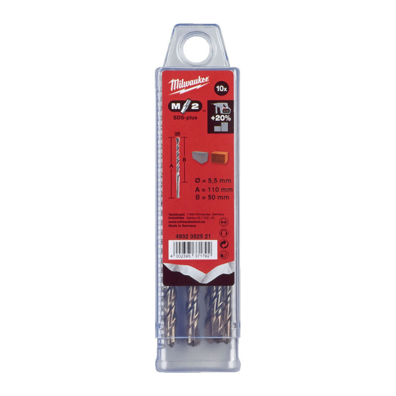 Купити Бур SDS-PLUS M2 MILWAUKEE, діаметр 5,5х110х50мм, (10шт), пластикова коробка. Офіційний магазин Мілвокі Україна, фірмова гарантія з доставкою по Украіні