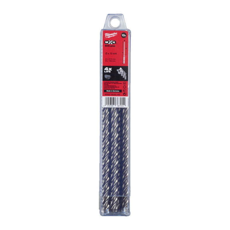 Купити Бур SDS-PLUS MX4 MILWAUKEE, діаметр 10,0х215х150мм, (10шт), пластикова коробка. Офіційний магазин Мілвокі Україна, фірмова гарантія з доставкою по Украіні