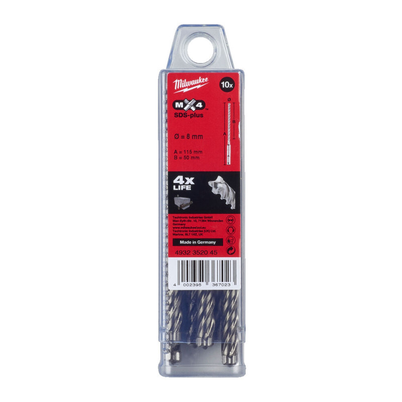 Купити Бур SDS-PLUS MX4 MILWAUKEE, діаметр 8,0х115х50мм, (10шт), пластикова коробка. Офіційний магазин Мілвокі Україна, фірмова гарантія з доставкою по Украіні