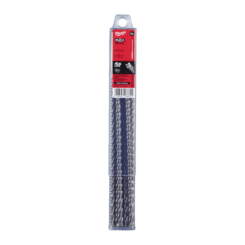 Купити Бур SDS-PLUS MX4 MILWAUKEE, діаметр 8,0х265х200мм, (10шт), пластикова коробка. Офіційний магазин Мілвокі Україна, фірмова гарантія з доставкою по Украіні