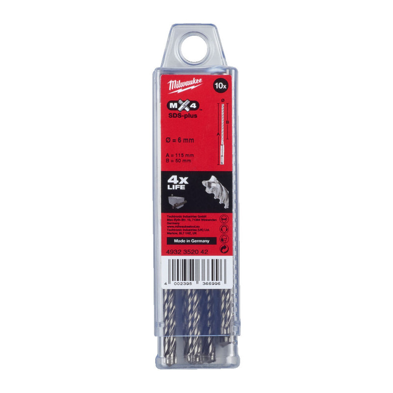 Купити Бур SDS-PLUS MX4 MILWAUKEE, діаметр 6,0х115х50мм, (10шт), пластикова коробка. Офіційний магазин Мілвокі Україна, фірмова гарантія з доставкою по Украіні