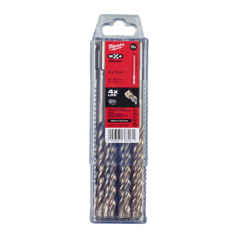 Купити Бур SDS-PLUS MX4 MILWAUKEE, діаметр 12,0х160х100мм, (10шт), пластикова коробка. Офіційний магазин Мілвокі Україна, фірмова гарантія з доставкою по Украіні