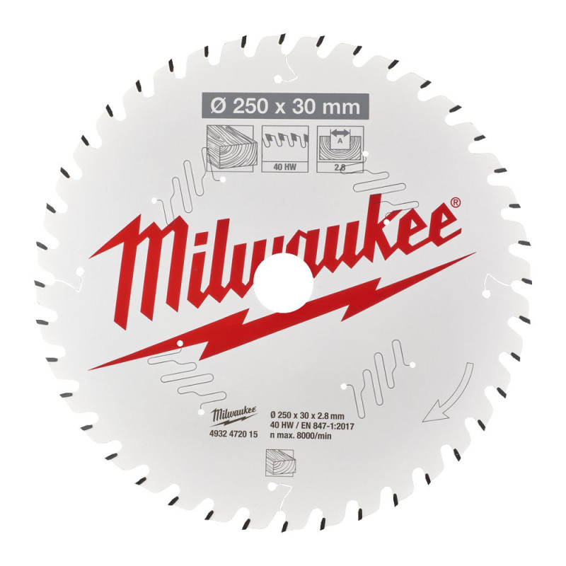 Купити Диск пиляльний по дереву для торцювальних пил PFTE MILWAUKEE, діаметр 250х30х2,8мм, 40 зуб.. Офіційний магазин Мілвокі Україна, фірмова гарантія з доставкою по Украіні