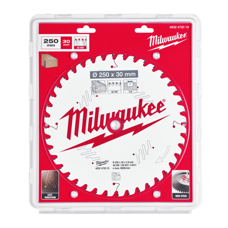 Купити Диск пиляльний по дереву для торцювальних пил PFTE MILWAUKEE, діаметр 250х30х2,8мм, 40 зуб.. Офіційний магазин Мілвокі Україна, фірмова гарантія з доставкою по Украіні