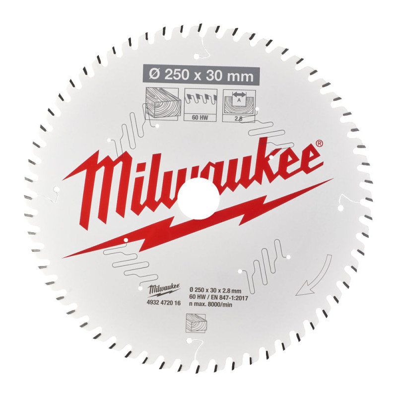 Купити Диск пиляльний по дереву для торцювальних пил PFTE MILWAUKEE, діаметр 250х30х2,8мм, 60 зуб.. Офіційний магазин Мілвокі Україна, фірмова гарантія з доставкою по Украіні