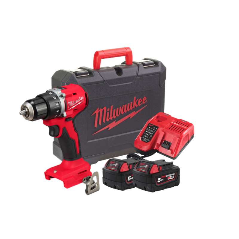 Купити Дриль-шуруповерт акумуляторний безщітковий MILWAUKEE M18 BLDDRC-502С, 60,5Нм (зарядний пристрій М12-18 FС, 2 акумулятори М18 В5 5Аг, кліпса для ременя, кейс). Офіційний магазин Мілвокі Україна, фірмова гарантія з доставкою по Украіні