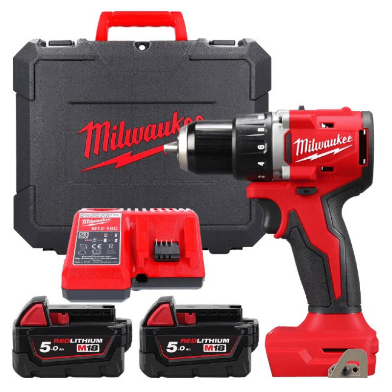 Купити Дриль-шуруповерт акумуляторний безщітковий MILWAUKEE M18 BLDDRC-502С, 60,5Нм (зарядний пристрій М12-18 FС, 2 акумулятори М18 В5 5Аг, кліпса для ременя, кейс). Офіційний магазин Мілвокі Україна, фірмова гарантія з доставкою по Украіні