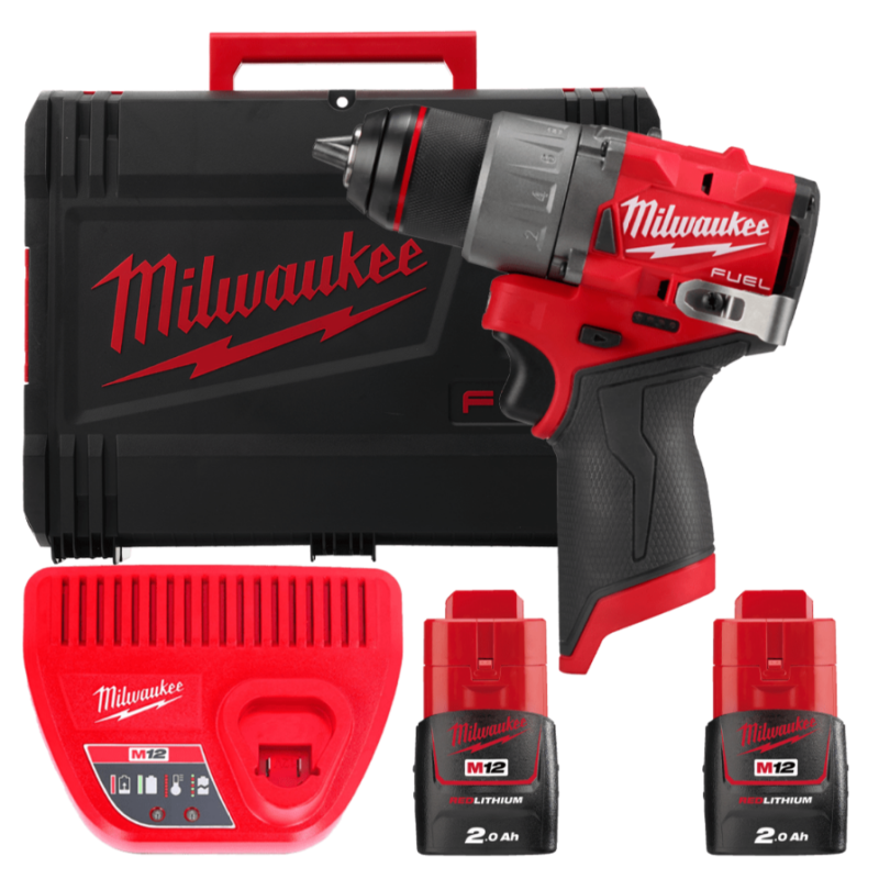 Купити Дриль-шуруповерт акумуляторний безщітковий MILWAUKEE, M12 FDD2-202X (зарядний пристрій С12 С, 2 акумулятори М12 В2 2Аг, кліпса для ременя, HDкейс). Офіційний магазин Мілвокі Україна, фірмова гарантія з доставкою по Украіні