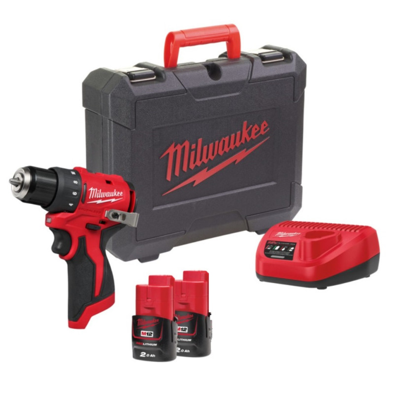 Купити Дриль-шуруповерт акумуляторний безщітковий MILWAUKEE M12 BLDDRC-202C, 40Нм (зарядний пристрій С12, 2 акумулятори М12 В2 2Аг, кліпса для ременя, кейс). Офіційний магазин Мілвокі Україна, фірмова гарантія з доставкою по Украіні