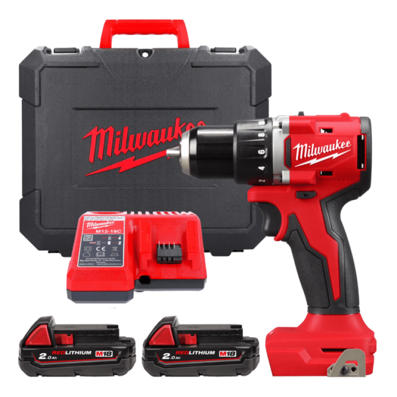 Купити Дриль-шуруповерт акумуляторний безщітковий MILWAUKEE M18 BLDDRC-202C, 60,5Нм (зарядний пристрій М12-18 С, 2 акумулятори М18 В2 2Аг, клипса для ременя, кейс). Офіційний магазин Мілвокі Україна, фірмова гарантія з доставкою по Украіні