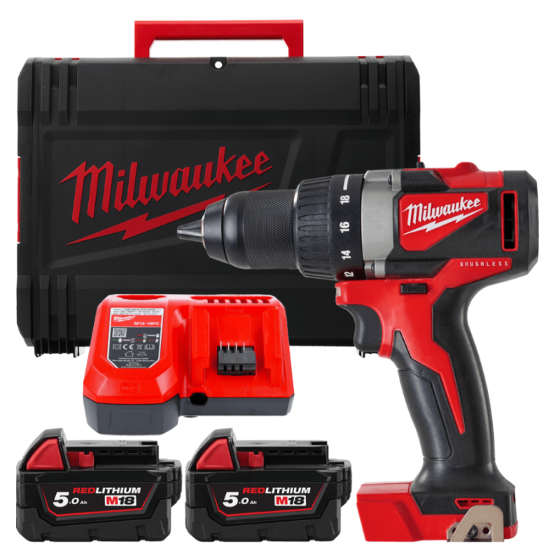 Купити Дриль-шуруповерт акумуляторний безщітковий MILWAUKEE, M18 BLDD2-502X, 82Нм (зарядний пристрій М12-18 FС, 2 акумулятори М18 В5 5Аг, кліпса для ременя, HDкейс). Офіційний магазин Мілвокі Україна, фірмова гарантія з доставкою по Украіні