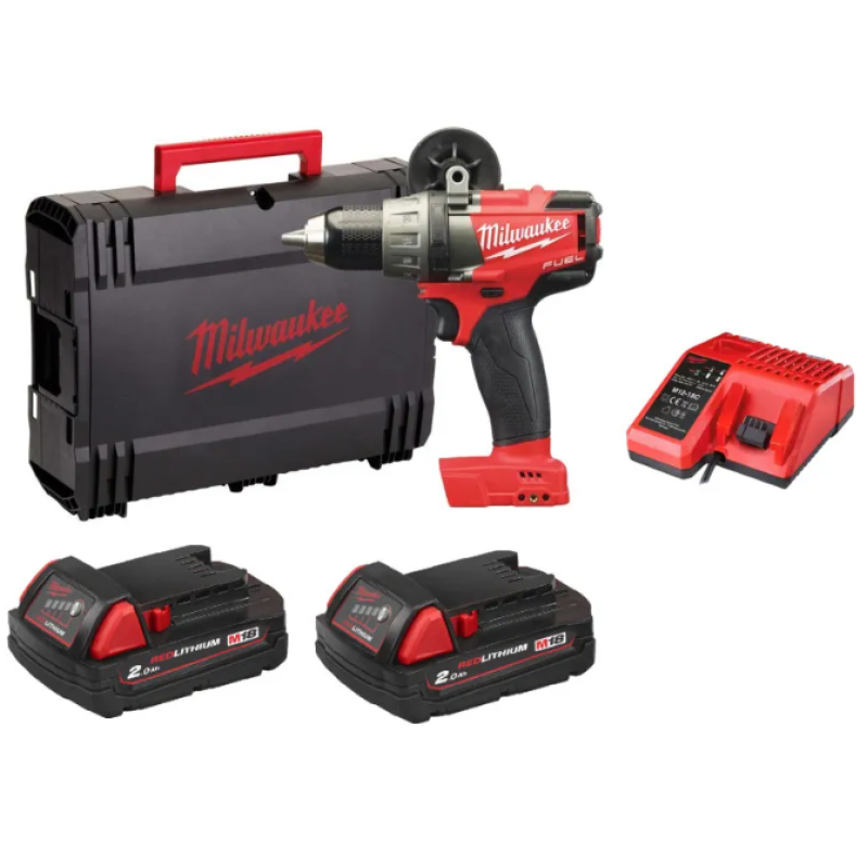 Купити Дриль-шуруповерт акумуляторна безщіткова MILWAUKEE, M18 FDD-202, 135Нм (зарядний пристрій M12-18 C, 2 акумулятора M18В B2 2Аг, кліпса для реміня, HDкейс). Офіційний магазин Мілвокі Україна, фірмова гарантія з доставкою по Украіні