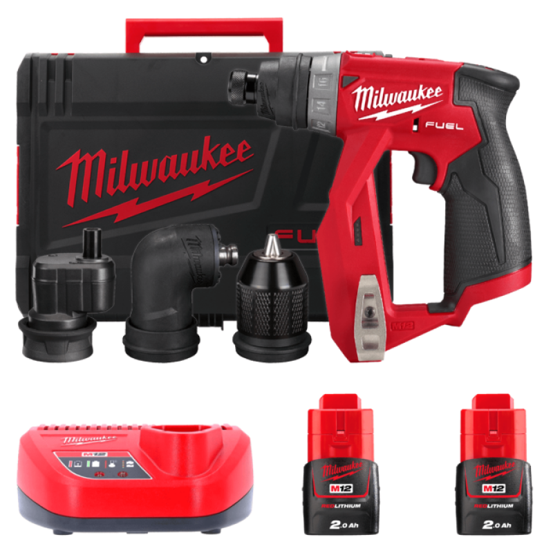 Купити Дриль-шуруповерт акумуляторний безщітковий MILWAUKEE, M12 FDDXKIT-202X, 34Нм (зарядний пристрій С12 С, 2 акумулятор М12 В2 2Аг, 4 насадки, кліпса для ременя, HDкейс). Офіційний магазин Мілвокі Україна, фірмова гарантія з доставкою по Украіні