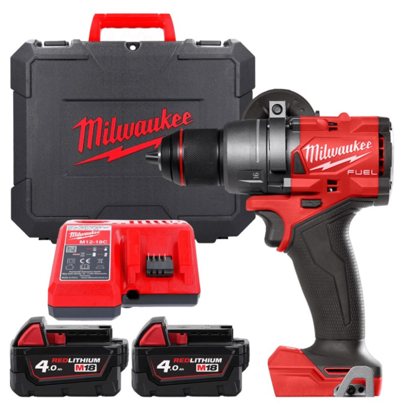 Купити Дриль-шуруповерт з ударом акумуляторний безщітковий MILWAUKEE, M18 FPD3-402С, 158Нм (зарядний пристрій М12-18 С, 2 акумулятори М18 В4 4Аг, кліпса для реміня, бічна рукоять, кейс). Офіційний магазин Мілвокі Україна, фірмова гарантія з доставкою по Украіні