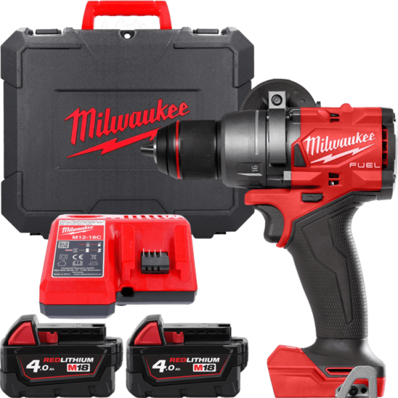 Купити Дриль-шуруповерт акумуляторний безщітковий MILWAUKEE, M18 FDD3-402C, 158Нм (зарядний пристрій М12-18 С, 2 акумулятори М18 В4 4Аг, кліпса для ременя, бічна рукоять, кейс). Офіційний магазин Мілвокі Україна, фірмова гарантія з доставкою по Украіні