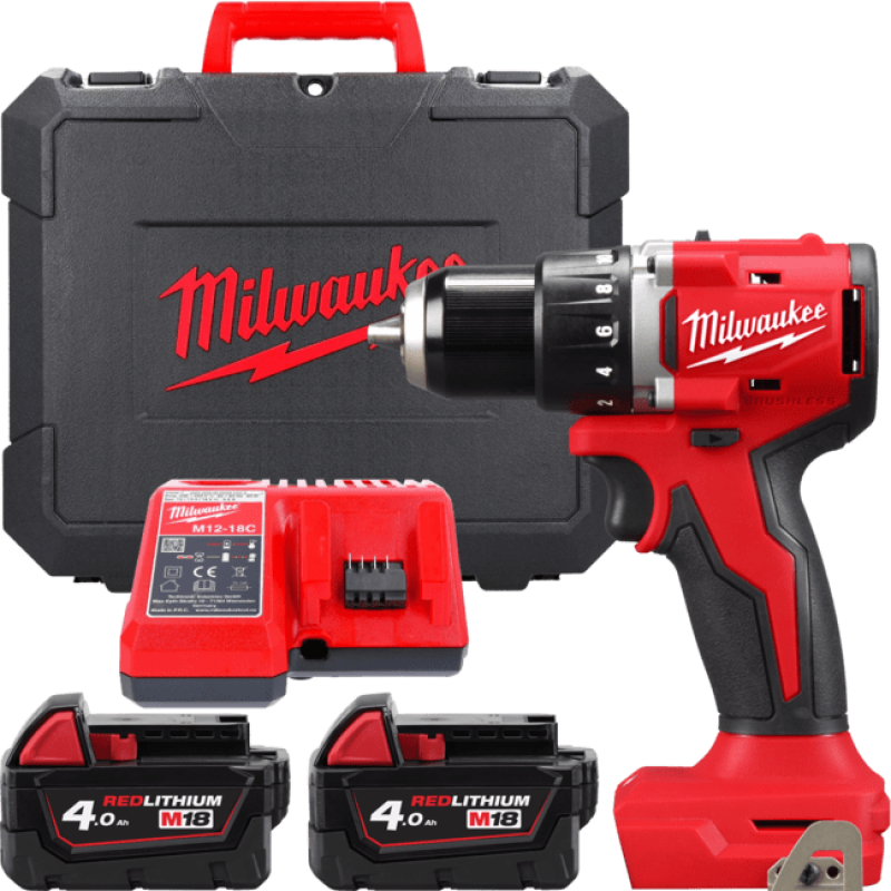 Купити Дриль-шуруповерт акумуляторний безщітковий MILWAUKEE M18 BLDDRC-402C, 60,5Нм (зарядний пристрій М12-18 С, 2 акумулятори М18 В4 4Аг, кліпса для ременя, кейс). Офіційний магазин Мілвокі Україна, фірмова гарантія з доставкою по Украіні