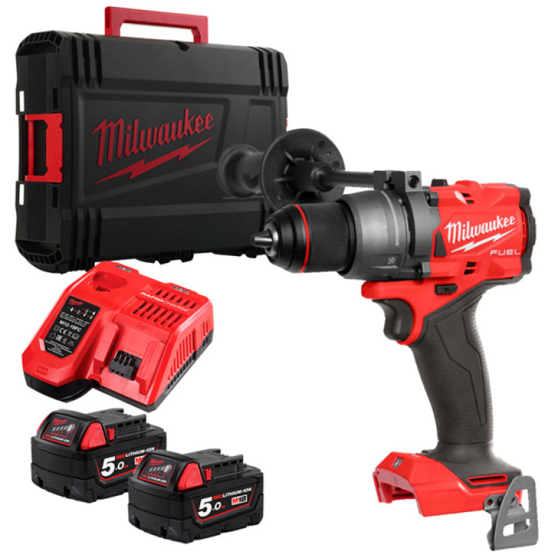 Купити Дриль-шуруповерт акумуляторний безщітковий MILWAUKEE, M18 FDD3-502X, 158Нм (зарядний пристрій М12-18 FC, 2 акумулятори М18 В5 5Аг, кліпса на ремінь, бічна рукоять, HDкейс). Офіційний магазин Мілвокі Україна, фірмова гарантія з доставкою по Украіні