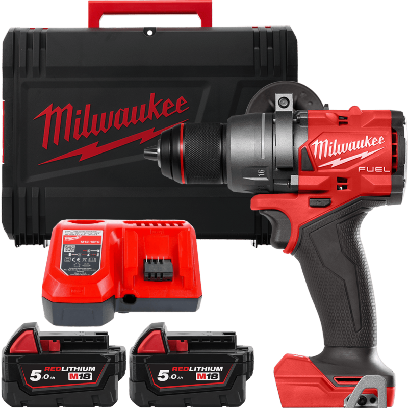 Купити Дриль-шуруповерт акумуляторний безщітковий MILWAUKEE, M18 FDD3-502X, 158Нм (зарядний пристрій М12-18 FC, 2 акумулятори М18 В5 5Аг, кліпса на ремінь, бічна рукоять, HDкейс). Офіційний магазин Мілвокі Україна, фірмова гарантія з доставкою по Украіні