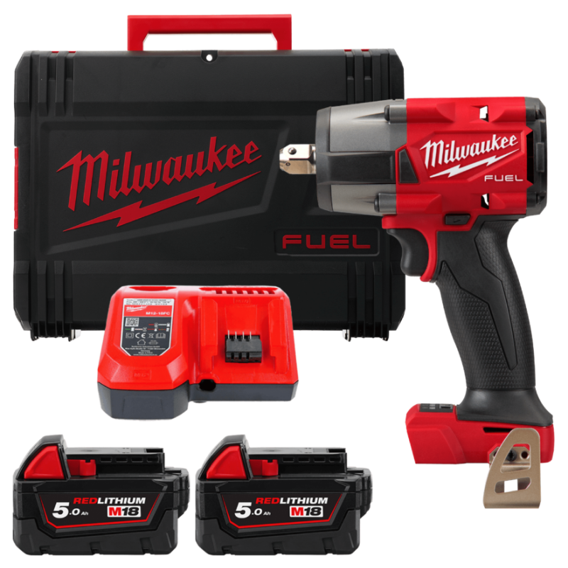 Купити Гайковерт акумуляторний безщітковий 1/2'' MILWAUKEE, M18 FMTIW2P12-502X, 881Нм, з піном (зарядний пристрій M12-18 FC, 2 акумулятори М18 В5 5Аг, кліпса для реміня, HDкейс). Офіційний магазин Мілвокі Україна, фірмова гарантія з доставкою по Украіні