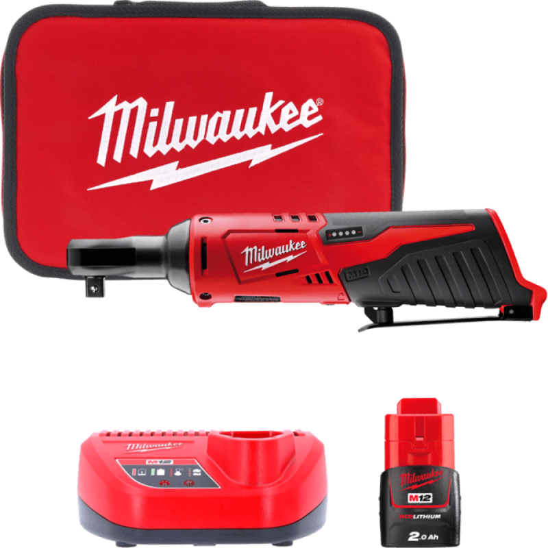 Купити Гайковерт-трещітка кутовий акумуляторний 3/8'' MILWAUKEE, M12 IR-201B, 47Нм (зарядний пристрій С12 С, 1 акумулятор М12 В2 2Аг, сумка). Офіційний магазин Мілвокі Україна, фірмова гарантія з доставкою по Украіні