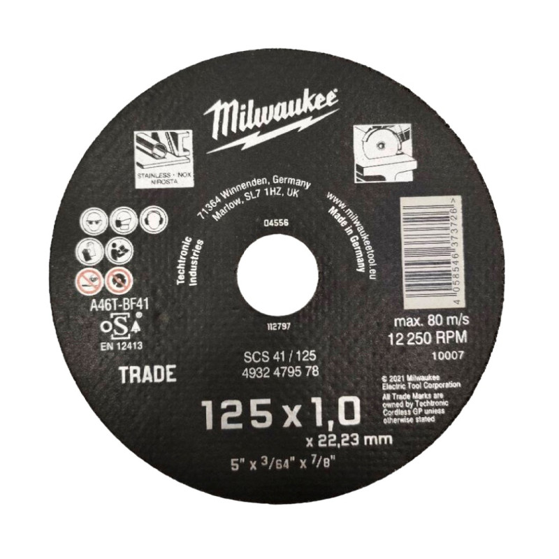 Купити Диск відрізний по металу MILWAUKEE Trade, SCS 41/125x1, діаметр125мм NEW. Офіційний магазин Мілвокі Україна, фірмова гарантія з доставкою по Украіні