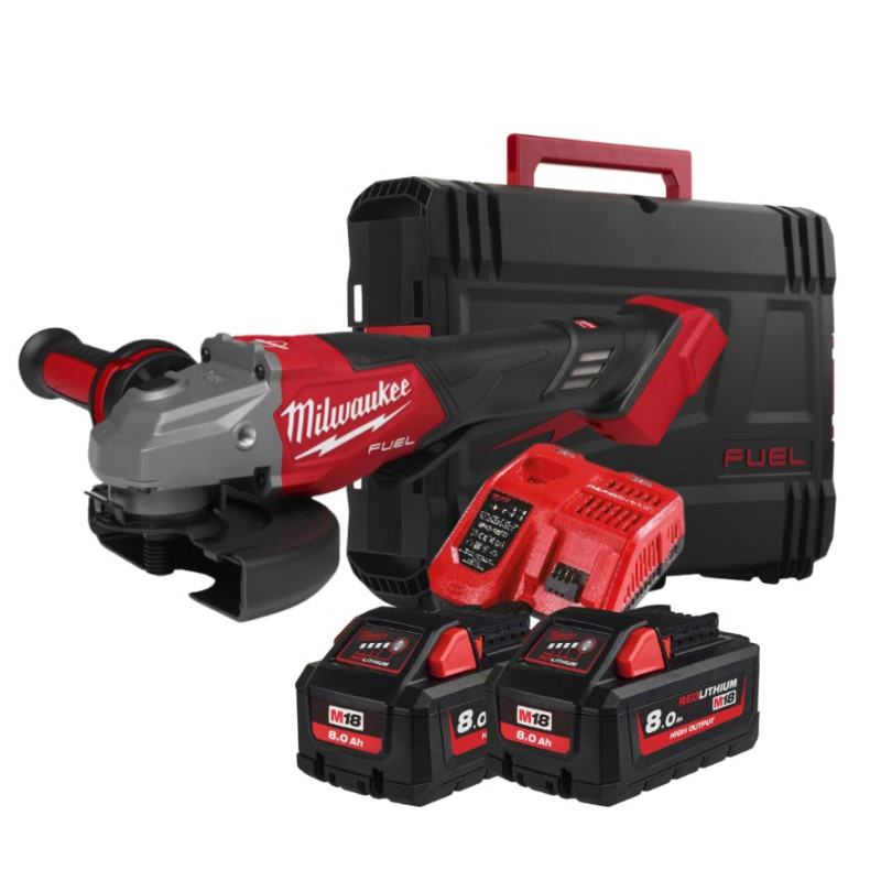Купити Шліфмашина кутова - болгарка акумуляторна безщіткова MILWAUKEE, M18 FHSAG125XPDB2-802X, діаметр 125мм (зарядний пристрій М12-18 FC, 2 акумулятори М18 FB8 8Аг, антивібраційна бічна рукоять, захисний кожух, затискна та опорна гайки, пилезахисний екран, HDке. Офіційний магазин Мілвокі Україна, фірмова гарантія з доставкою по Украіні