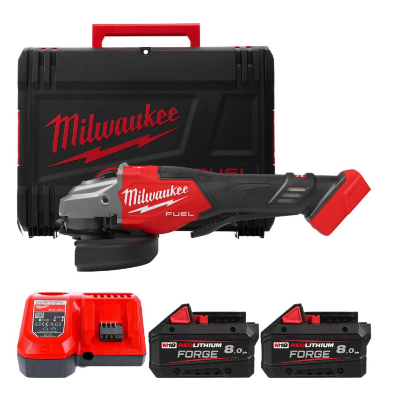 Купити Шліфмашина кутова - болгарка акумуляторна безщіткова MILWAUKEE, M18 FHSAG125XPDB2-802X, діаметр 125мм (зарядний пристрій М12-18 FC, 2 акумулятори М18 FB8 8Аг, антивібраційна бічна рукоять, захисний кожух, затискна та опорна гайки, пилезахисний екран, HDке. Офіційний магазин Мілвокі Україна, фірмова гарантія з доставкою по Украіні