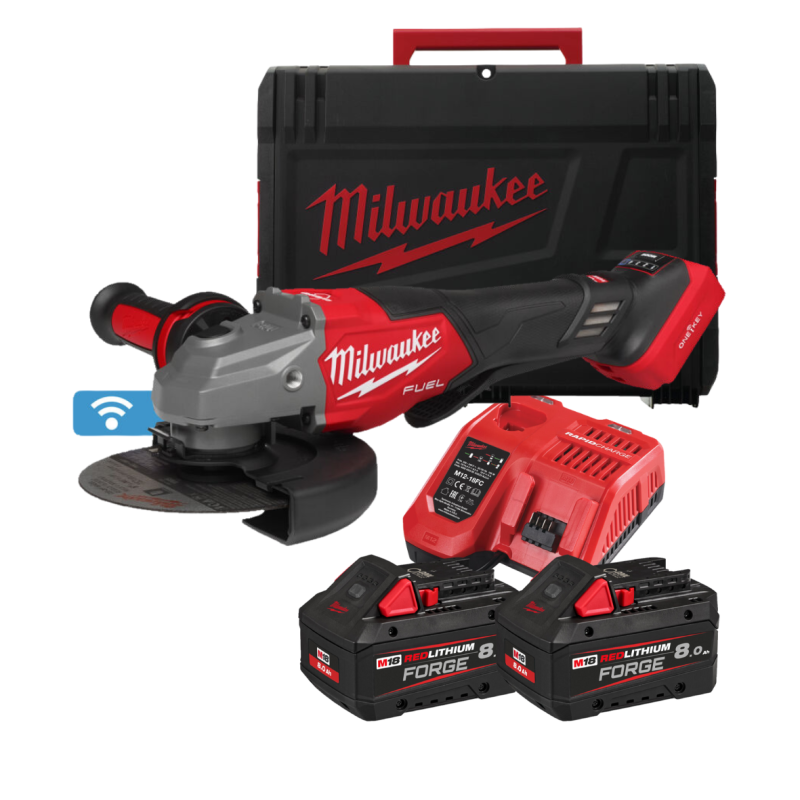 Купити Шліфмашина кутова - болгарка акумуляторна безщіткова MILWAUKEE, M18 FHSAGO125VXPDB2-802X, 1700Вт діаметр 125мм (зарядний пристрій M12-18 FC, 2 акумулятори FB8 8Аг, антивібраційна бічна рукоять, захисний кожух, затискна та опорна гайки, пилезахисний екран,. Офіційний магазин Мілвокі Україна, фірмова гарантія з доставкою по Украіні